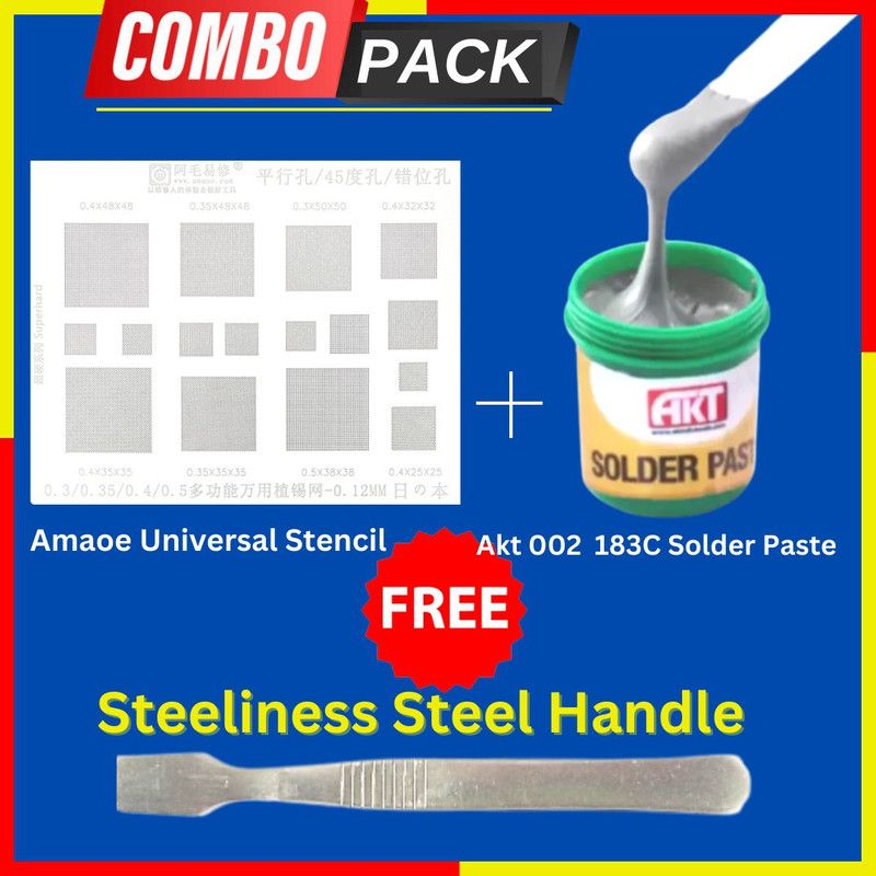 AKT COMBO PACK (Universal Stencil With 002 Paste Free Stainless Steel Handle ) 0 W Simple  (Flat Tip)