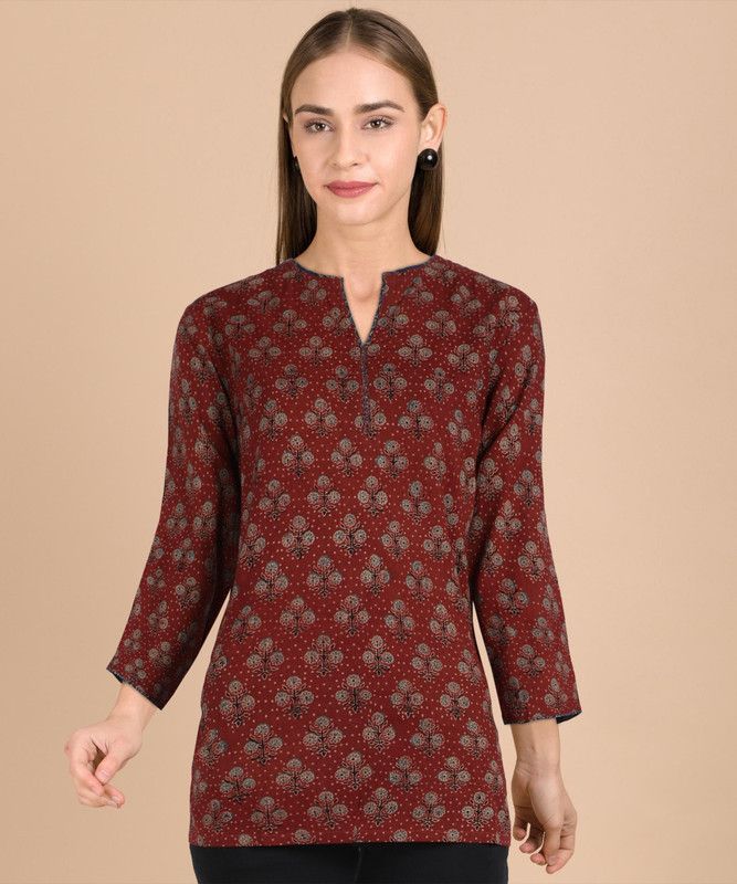 Women Floral Print Pure Cotton Straight Kurti  (Maroon)