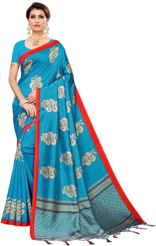 Floral Print Baluchari Art Silk Saree  (Blue)