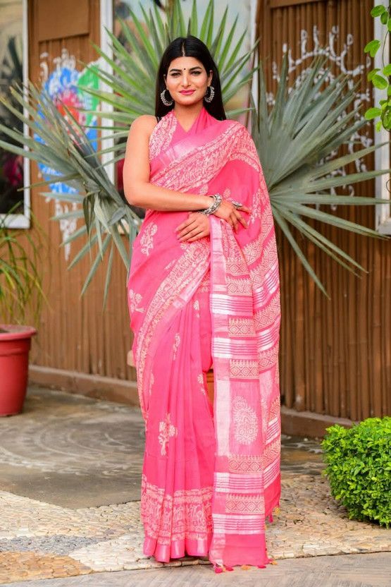 Printed Assam Silk Cotton Blend Saree  (Pink)