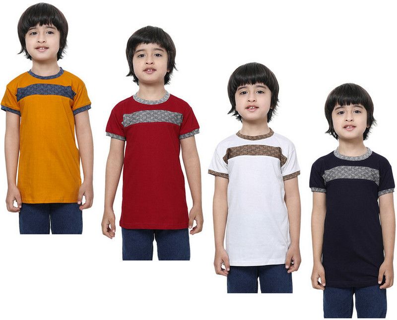 Boys Self Design Pure Cotton T Shirt  (Multicolor, Pack of 4)