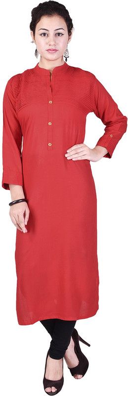 Women Solid Cotton Rayon Blend Asymmetric Kurti  (Red)