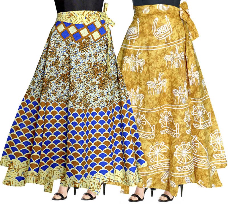 Women Printed Wrap Around Blue, Yellow Skirt