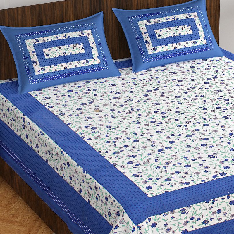 Dhanigot 244 TC Cotton Double Printed Flat Bedsheet  (Pack of 1, Blue)