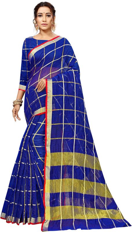 Checkered Kota Doria Silk Blend Saree  (Dark Blue, Gold)