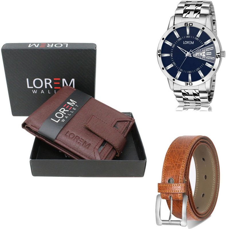 LOREM Belt, Wallet & Watch Combo  (Maroon, Orange, Silver)