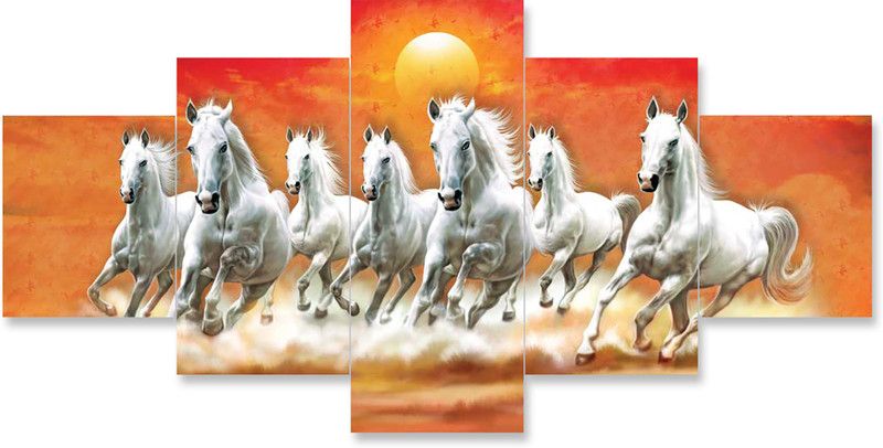 Primo Crafts Seven Running Horses as per VASTU Wall Painting Scenery For Living Room Digital Reprint 17 inch x 30 inch Painting  (Without Frame)