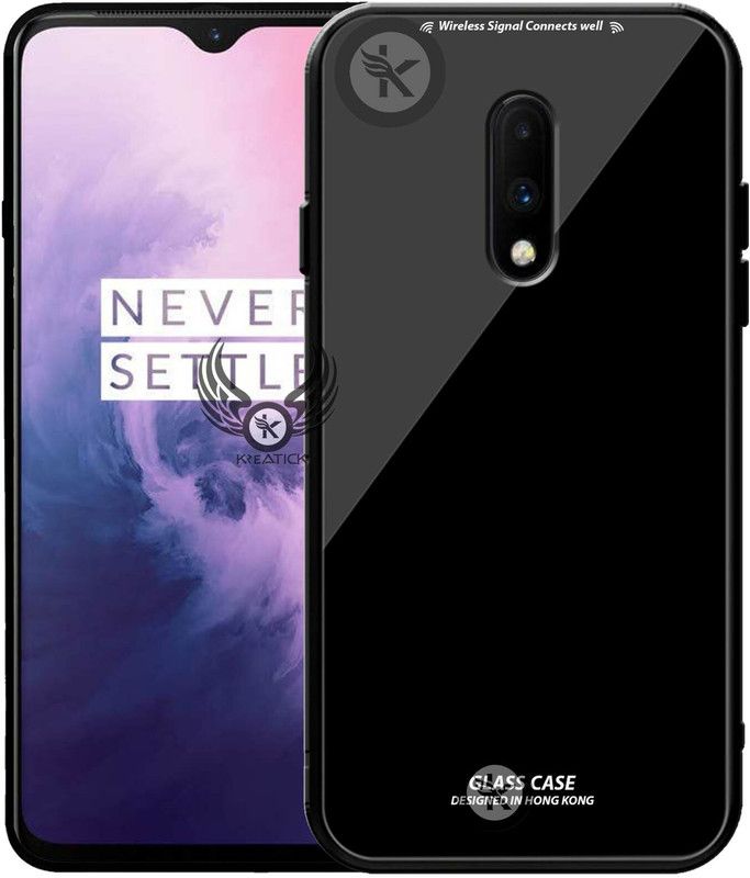 Kreatick Back Cover for ONEPLUS-7, Luxurious 9H Toughened Glass Back Case Shockproof TPU Bumper  (Black, Dual Protection, Pack of: 1)