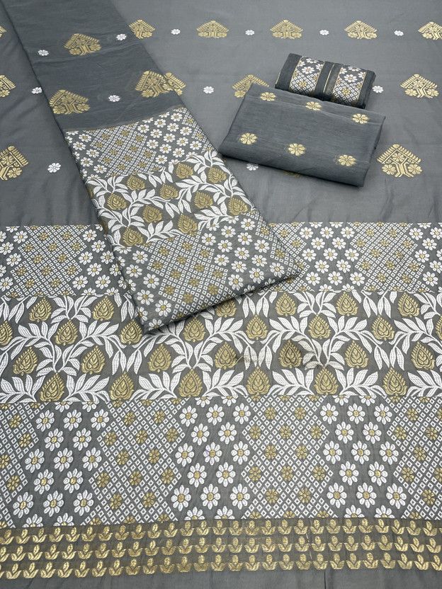 Self Design Mekhela Chador Cotton Blend Saree  (Grey)