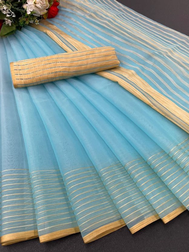 Striped Bollywood Organza, Tissue Saree  (Light Blue)