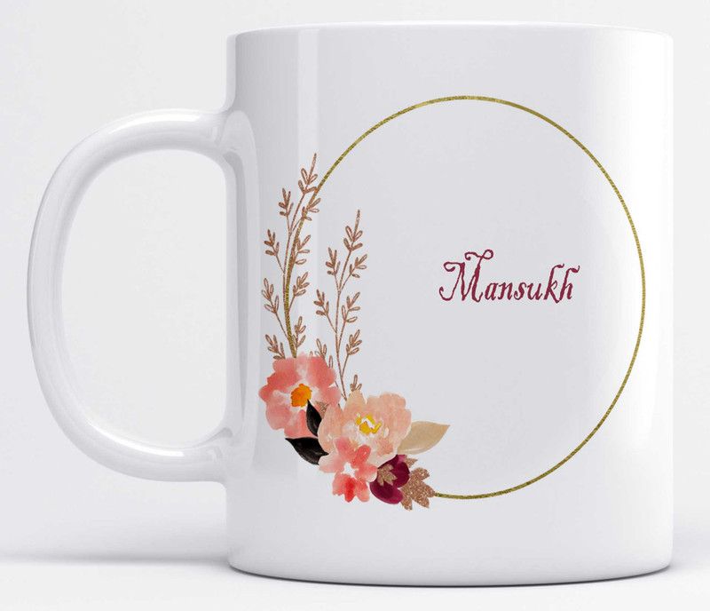Name Mansukh Printed Light Pink Flower Design Ceramic Coffee Mug  (350 ml)