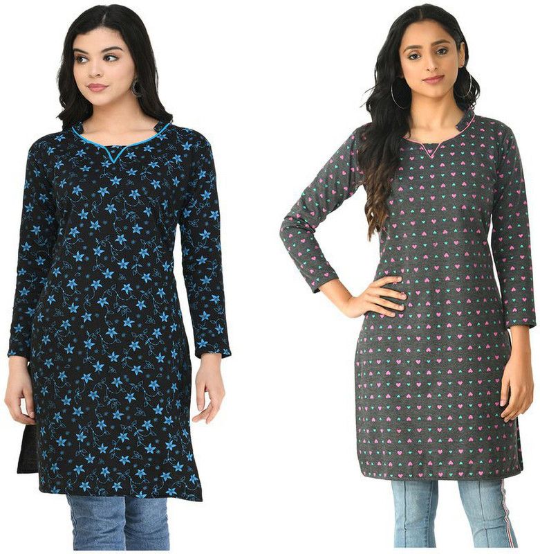 Pack of 2 Women Floral Print Wool A-line Kurta  (Black)