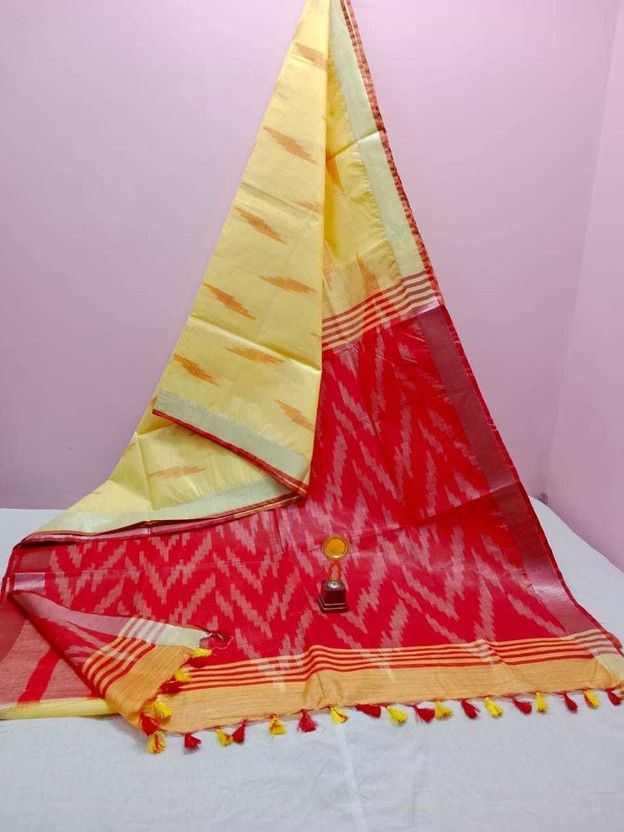 Printed Ikkat Cotton Linen Saree  (Red, Yellow)