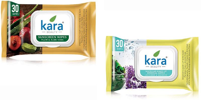KARA Face Wipes Sunscreen Plum Aloevera, & Makeup Removal Seaweed Lavender Pack of 2  (60 Tissues)