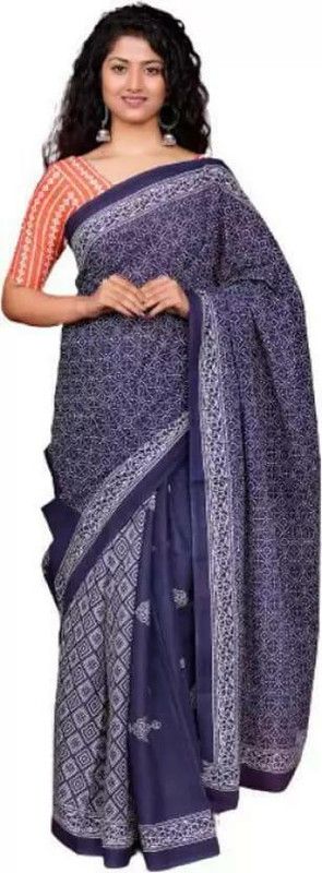 Blocked Printed, Digital Print, Self Design Daily Wear Pure Cotton Saree  (Dark Blue)