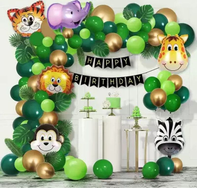 Occasion Makers Solid Jungle Safari Green Theme Birthday Decoration Kit with Animals Face Foil Balloon Balloon  (Multicolor, Pack of 64)