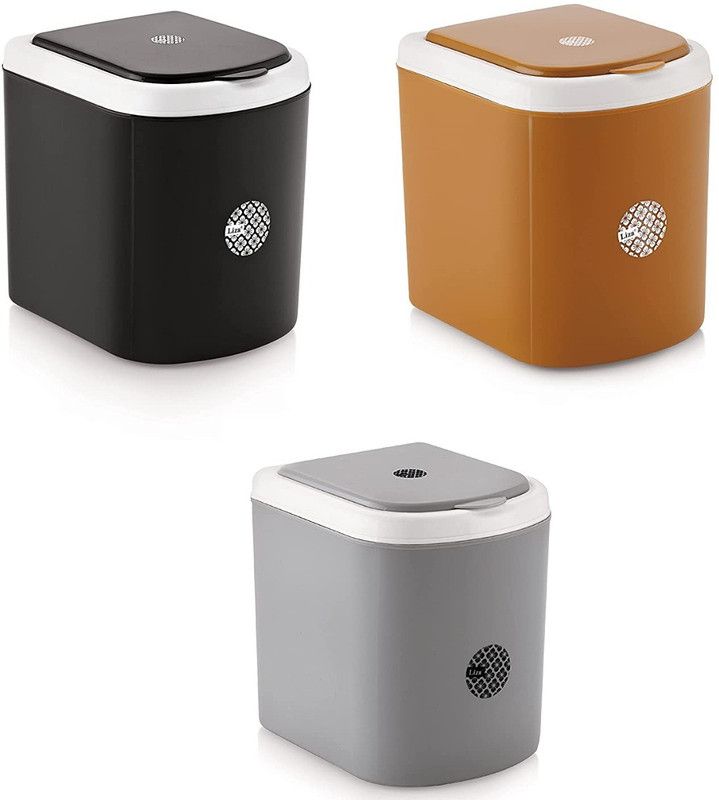 Liza Portable Table Dustbin/Desk Dustbin with Attached lid Mini Trash bin Plastic Dustbin  (Black, Brown, Grey, Pack of 3)