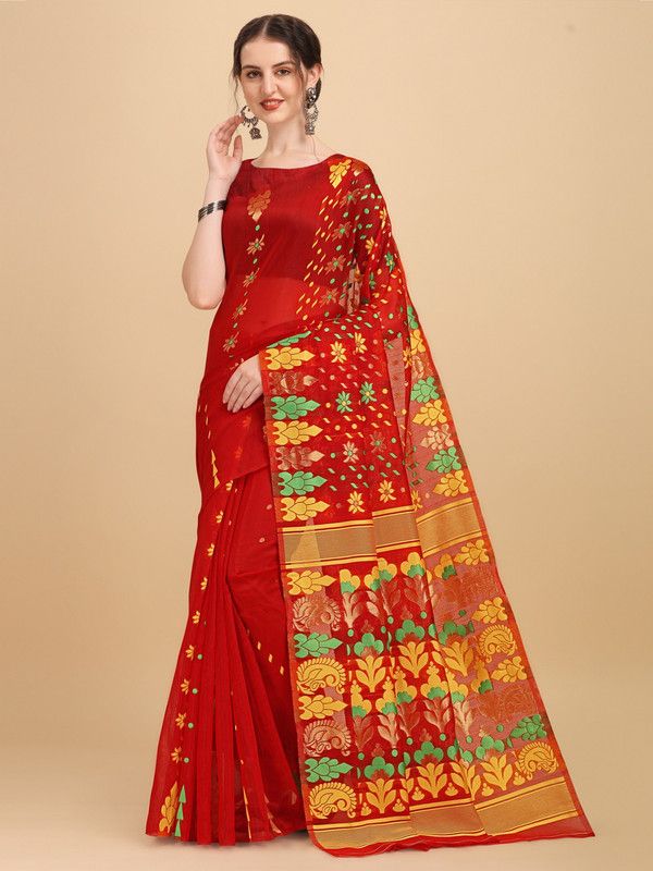 Jamdani Cotton Blend Saree  (Red)