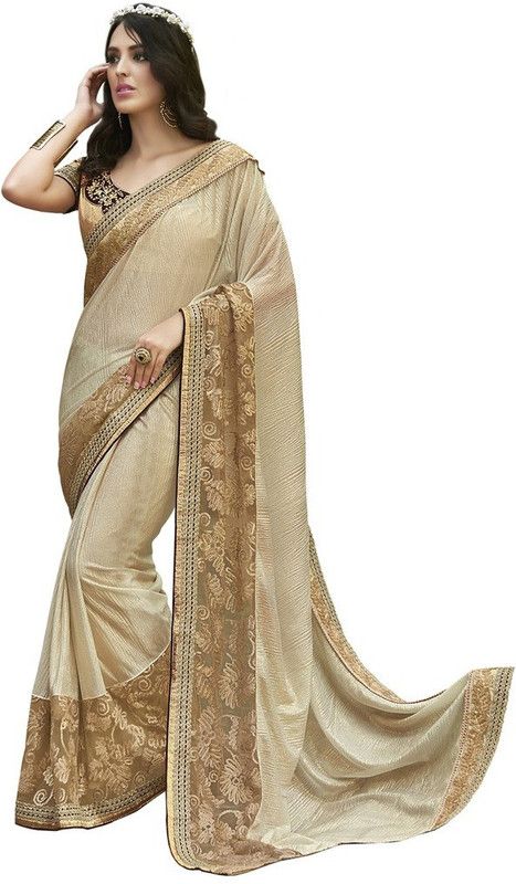 Embroidered Bollywood Lycra Blend Saree  (Beige)