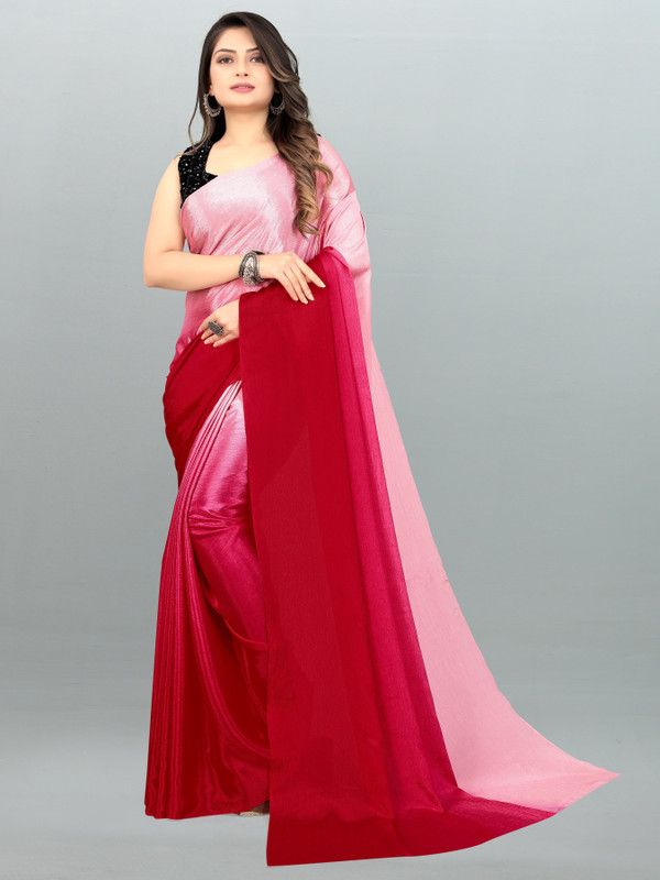 Color Block Bollywood Chiffon Saree  (Red, Pink)