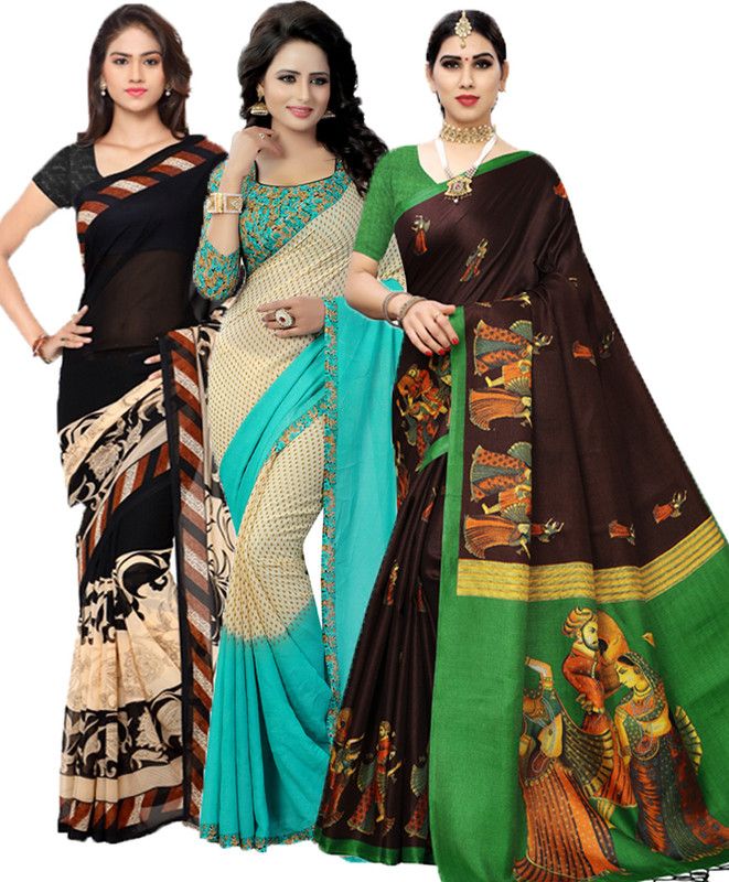 Geometric Print Bollywood Georgette Saree  (Pack of 3, Black, Light Green, Green)