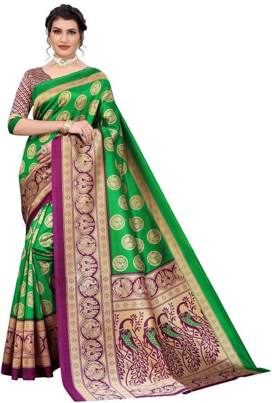 Woven Baluchari Art Silk Saree  (Purple, Green)