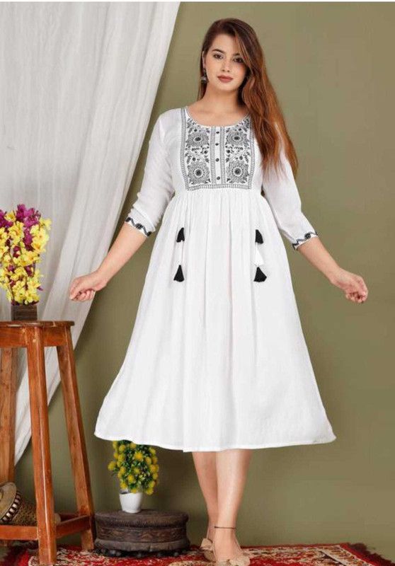 Embroidered Viscose Rayon Stitched Flared/A-line Gown  (White)