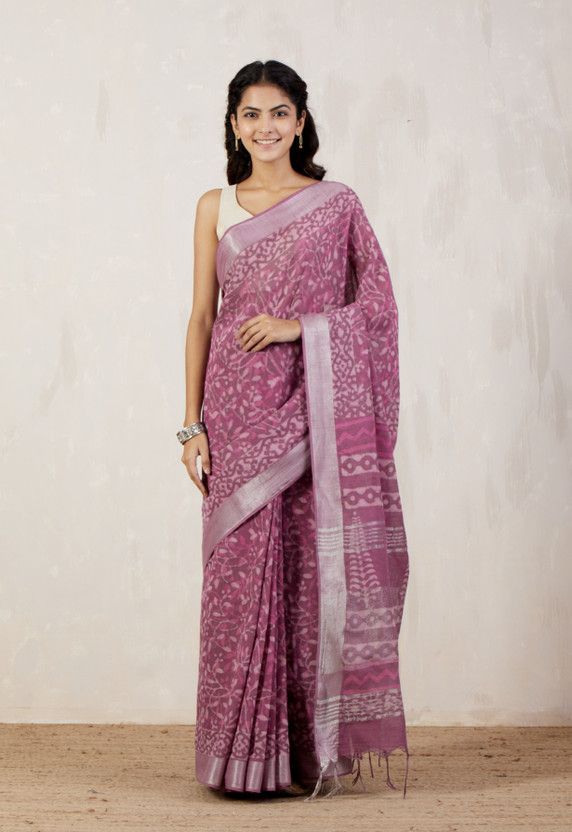 Blocked Printed Bollywood Linen Saree  (Purple)