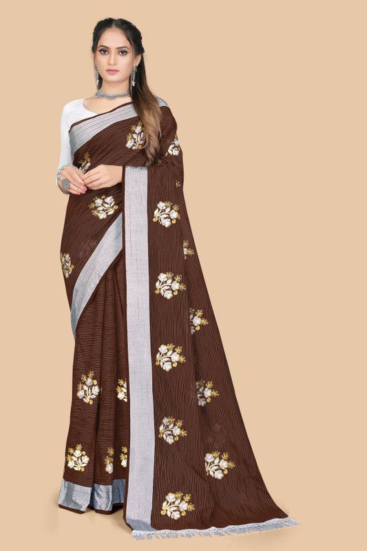 Embroidered Bollywood Cotton Linen, Cotton Silk Saree  (Brown)