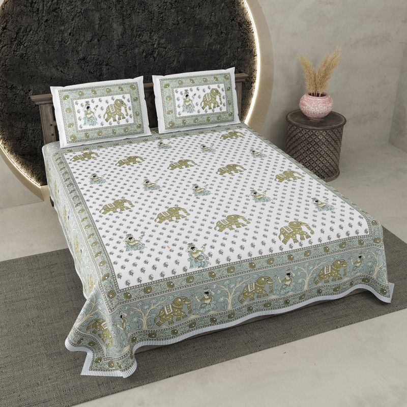 Gulabi Leaf 144 TC Cotton Double Jaipuri Prints Flat Bedsheet  (Pack of 1, Green)