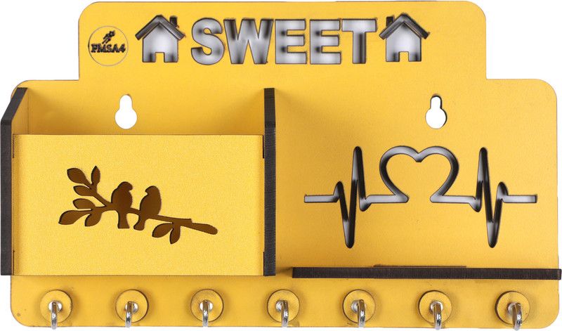 FMSA4 WOODEN KEY HOLDER WITH 1 BOX MOBILE CHARGING HOLDER 1 SINGLE RACK SHELF Wood Key Holder  (7 Hooks, Yellow)