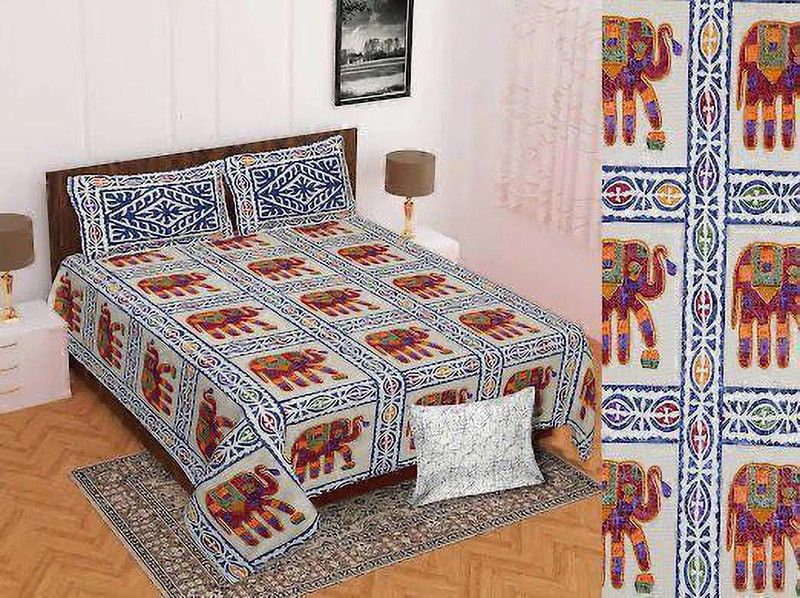 Bhagyalaxmi 120 TC Cotton Double Printed Flat Bedsheet  (Pack of 3, Blue, G)