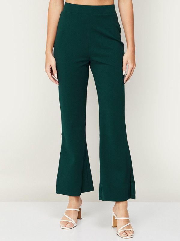 Women Slim Fit Dark Green Viscose Rayon Trousers
