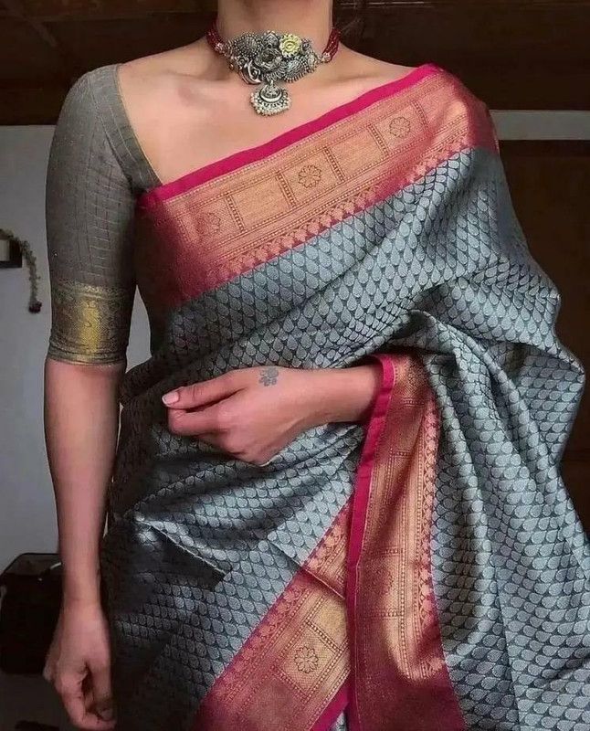 Woven Patola Jacquard, Pure Silk Saree  (Grey)