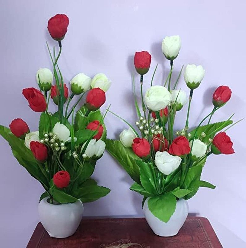 SHANOL Artificial Red white flower for shop office table Home Decor Red, White Rose Artificial Flower  (10 inch, Pack of 2)