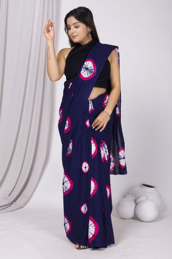 Printed, Blocked Printed, Digital Print, Dyed, Floral Print Daily Wear Pure Cotton Saree  (Blue)