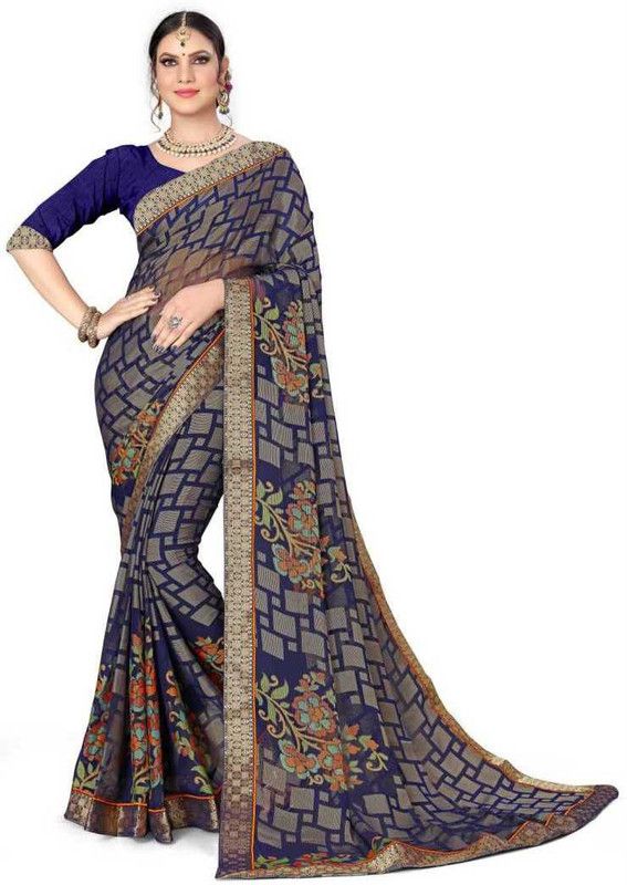 Geometric Print Bollywood Brasso Saree  (Dark Blue)