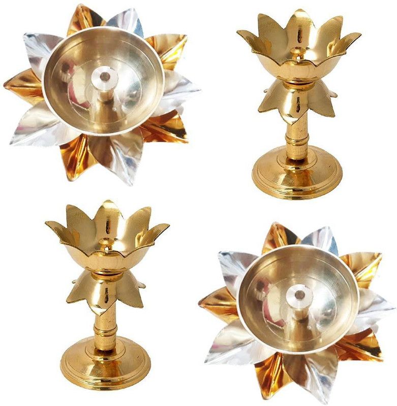 Radeco Combo Pack of 2 Pc Gold & Silver leaf Akhand Deep and 2 Pc Kamal Stand Deep Brass (Pack of 4) Table Diya  (Height: 3.5 inch)