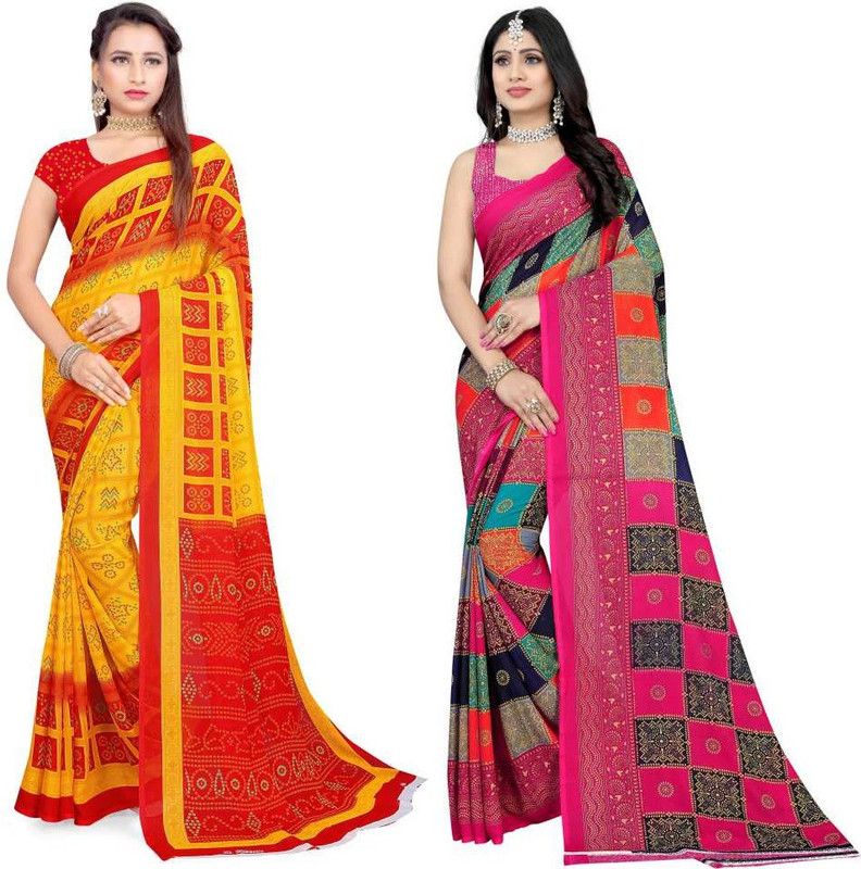 Printed Bandhani Georgette Saree  (Pack of 2, Pink, Yellow)