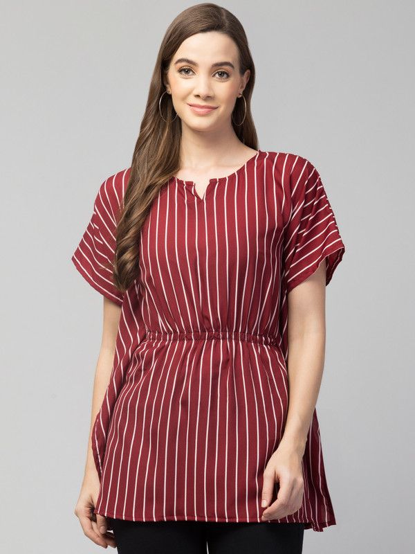 Casual Kaftan Sleeve Striped Women Maroon Top
