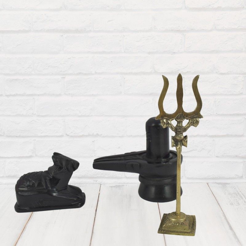 Real Craft Stone Sivling, Nandi Brass Trishul Damru on Stand for Temple, Puja Ghar,6 Inch Decorative Showpiece - 10 cm  (Stone, Brass, Black, Gold)