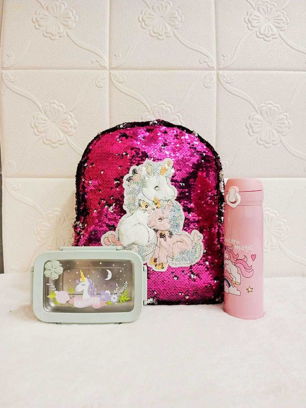 Small 14 L Backpack Unicorn Sequins Backpack | Unicorn Stainless Steel Lunch Box and Water Bottle  (Pink)