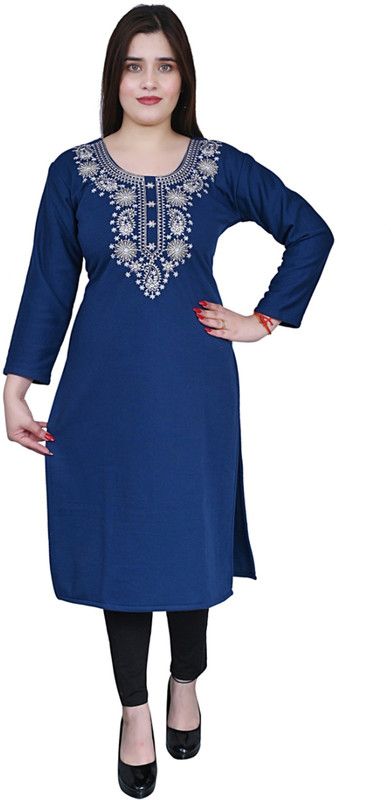 Women Embroidered Wool A-line Kurta  (Blue)