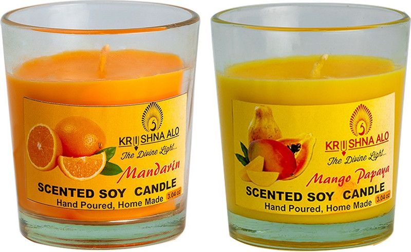 Krishna alo Mango Papaya and Mandarin Combo Scented Soy Glass Candle for Festivals, Decoration, | 1.52 Oz Wax | Burn Time 12 Hrs Per C-andle (Small Glass) 45 Grams Pack of 2  (90 g)