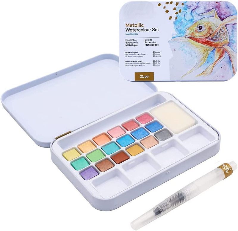 Gold Leaf 21 Assorted Water Color Travel Pocket Set Water Brush, Sponge, Mixing Tray  (Set of 1, Multicolor)