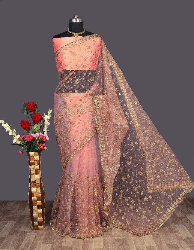 Embroidered Chettinadu Net Saree  (Pink)