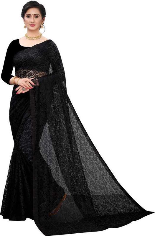 Self Design Lucknow Chikankari Net Saree  (Black)
