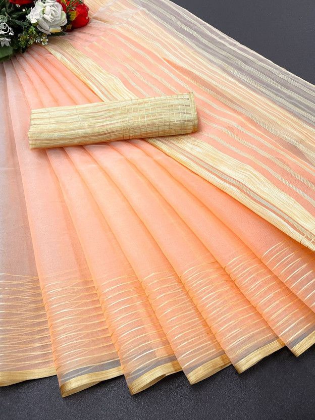 Striped Bollywood Organza, Tissue Saree  (Orange)