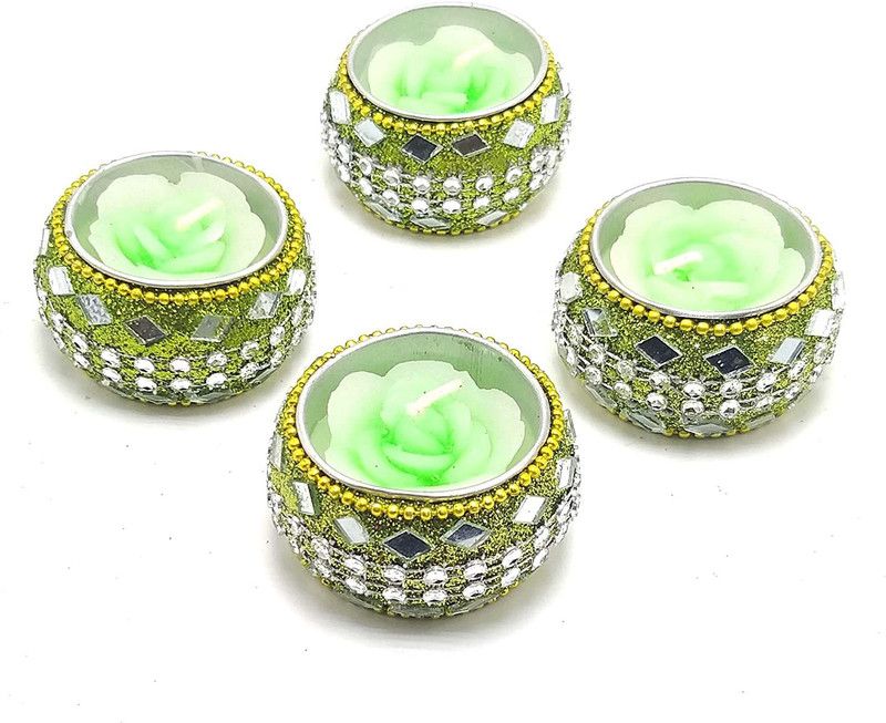 newebit Fancy Tea-Lights, Beautiful Traditional Rajasthani Laakh & Stone work, for Diwali Diwali decoration and festive season (Set of 4 - Red) Candle  (Green, Pack of 4)