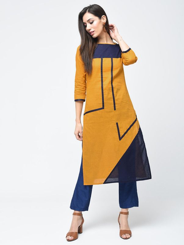 Women Color Block Cotton Linen Blend Asymmetric Kurti  (Yellow)